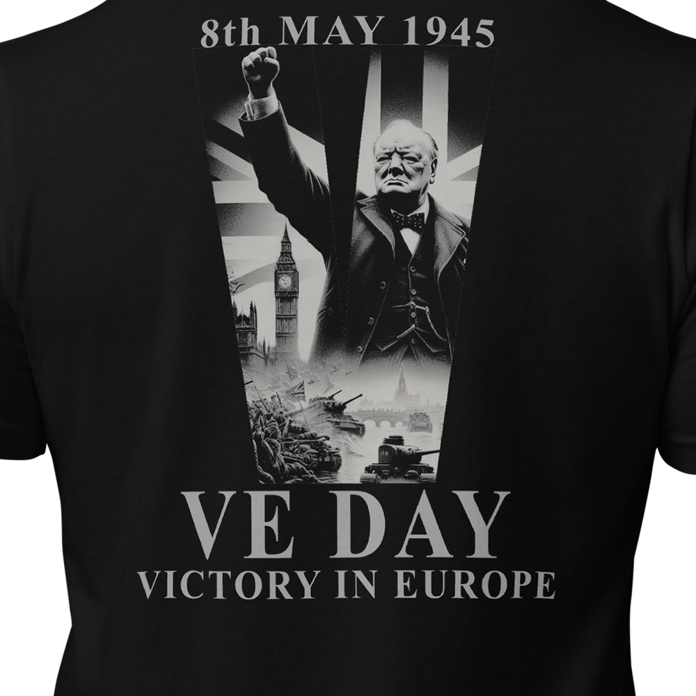 Close up of back view of Black short sleeve unisex fit original cotton T-Shirt by Achilles Tactical Clothing Brand printed with VE DAY design across back