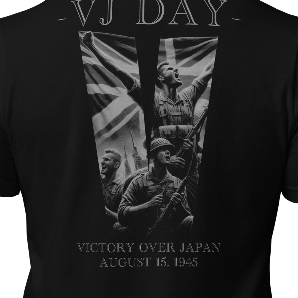 Close up of back view of Black short sleeve unisex fit original cotton T-Shirt by Achilles Tactical Clothing Brand printed with VJ DAY design across back
