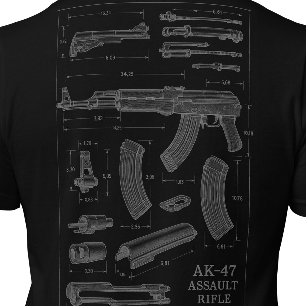 Close up of back centre of Black short sleeve unisex fit original cotton T-Shirt by Achilles Tactical Clothing Brand printed with AK-47 design across back