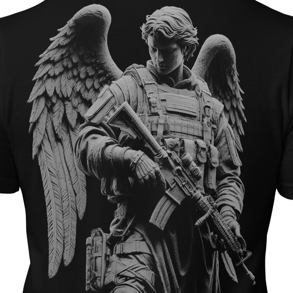 Close up of back view of Black short sleeve unisex fit original cotton T-Shirt by Achilles Tactical Clothing Brand printed with Armed Angel design across back