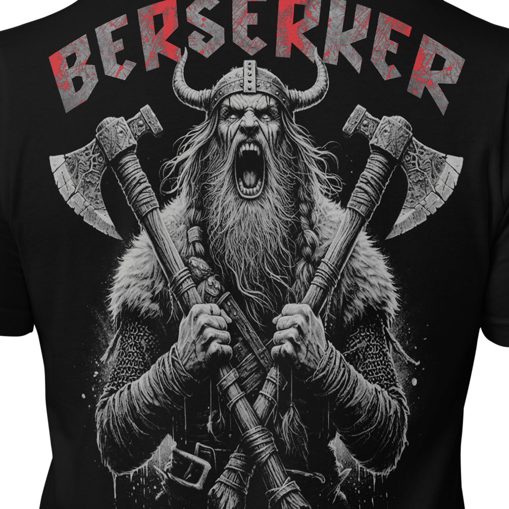 Close up of back view of Black short sleeve unisex fit original cotton T-Shirt by Achilles Tactical Clothing Brand printed with Berserker design across back