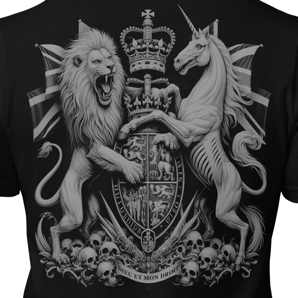 Close up of back view of Black short sleeve unisex fit original cotton T-Shirt by Achilles Tactical Clothing Brand printed with Coat of Arms design across back