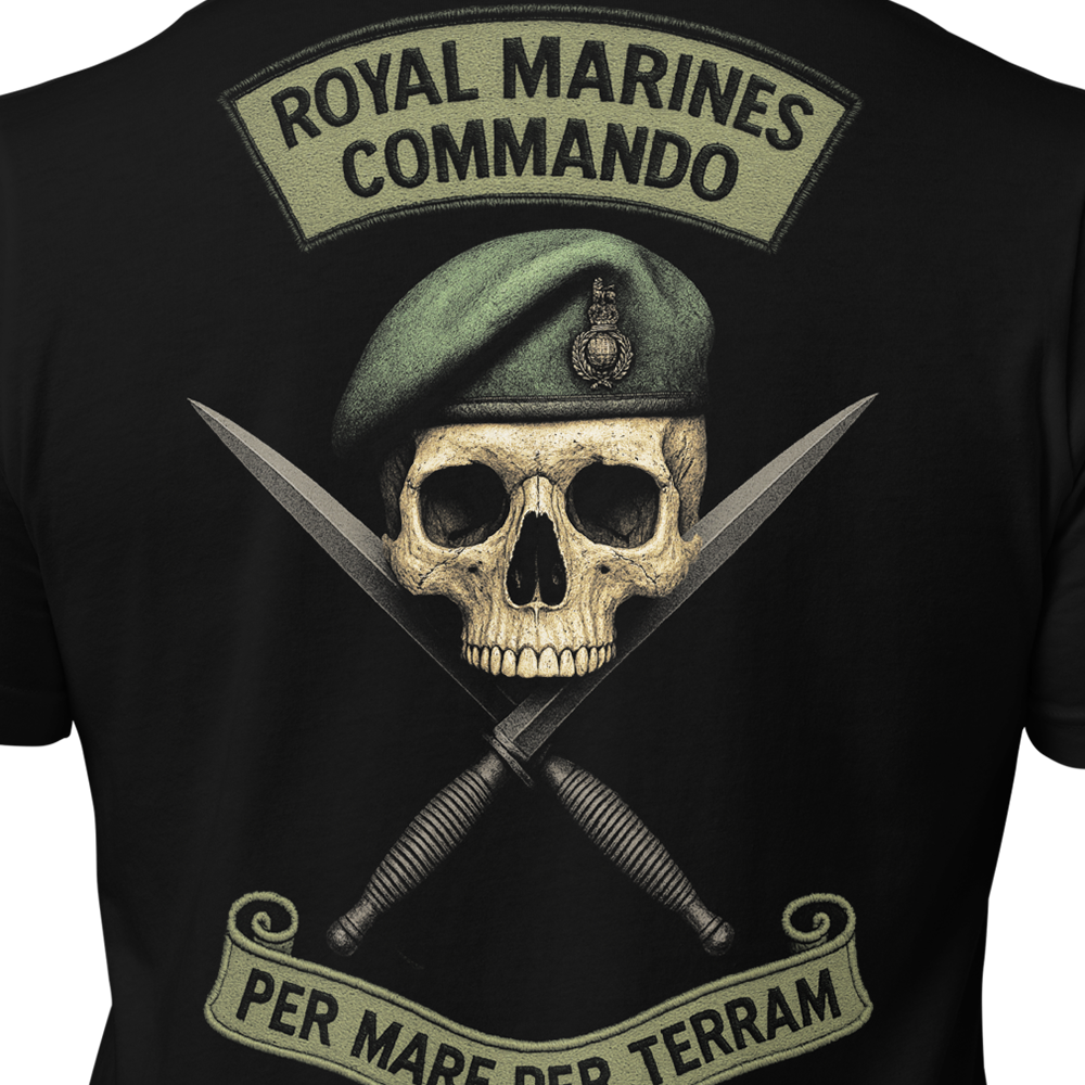 Close up of back centre of Black short sleeve unisex fit original cotton T-Shirt by Achilles Tactical Clothing Brand printed with Royal marines Commando design across back
