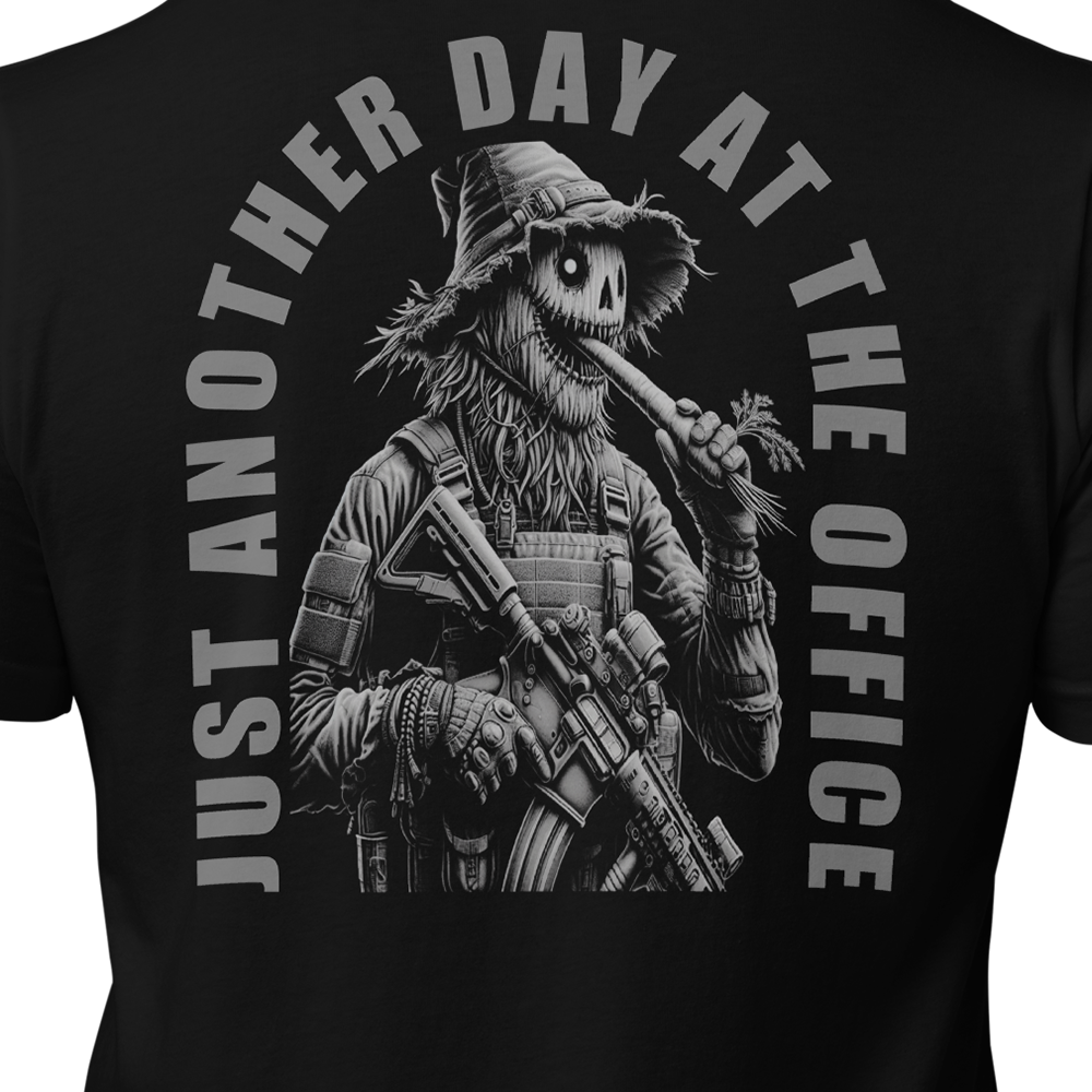 Close up of back view of Black short sleeve unisex fit original cotton T-Shirt by Achilles Tactical Clothing Brand printed with Just Another Day at The Office carrot Cruncher design across back