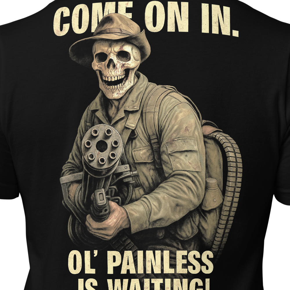 Close up of back view of Black short sleeve unisex fit original cotton T-Shirt by Achilles Tactical Clothing Brand printed with Ol' Painless design across back
