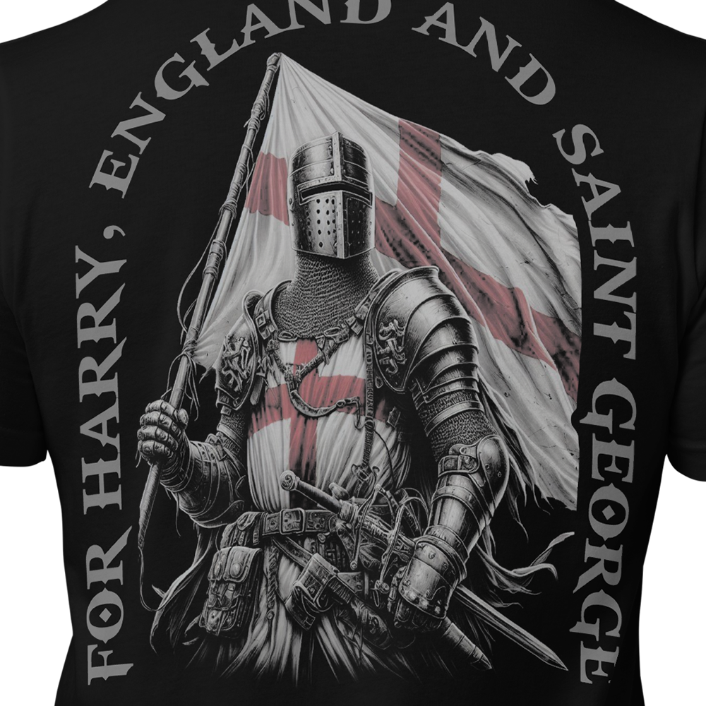 Close up of back view of Black short sleeve unisex fit original cotton T-Shirt by Achilles Tactical Clothing Brand printed with Saint George design across back