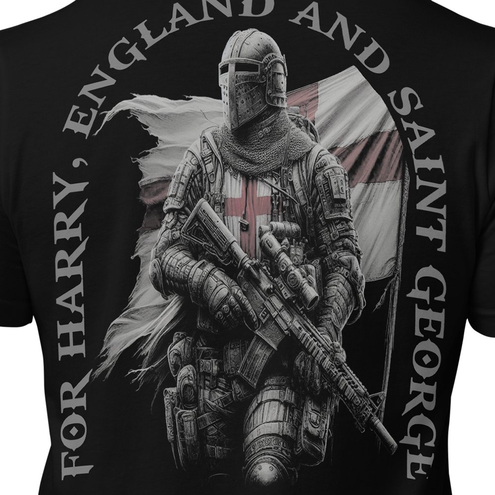 Close up of back view of Black short sleeve unisex fit original cotton T-Shirt by Achilles Tactical Clothing Brand printed with Saint George II design across back