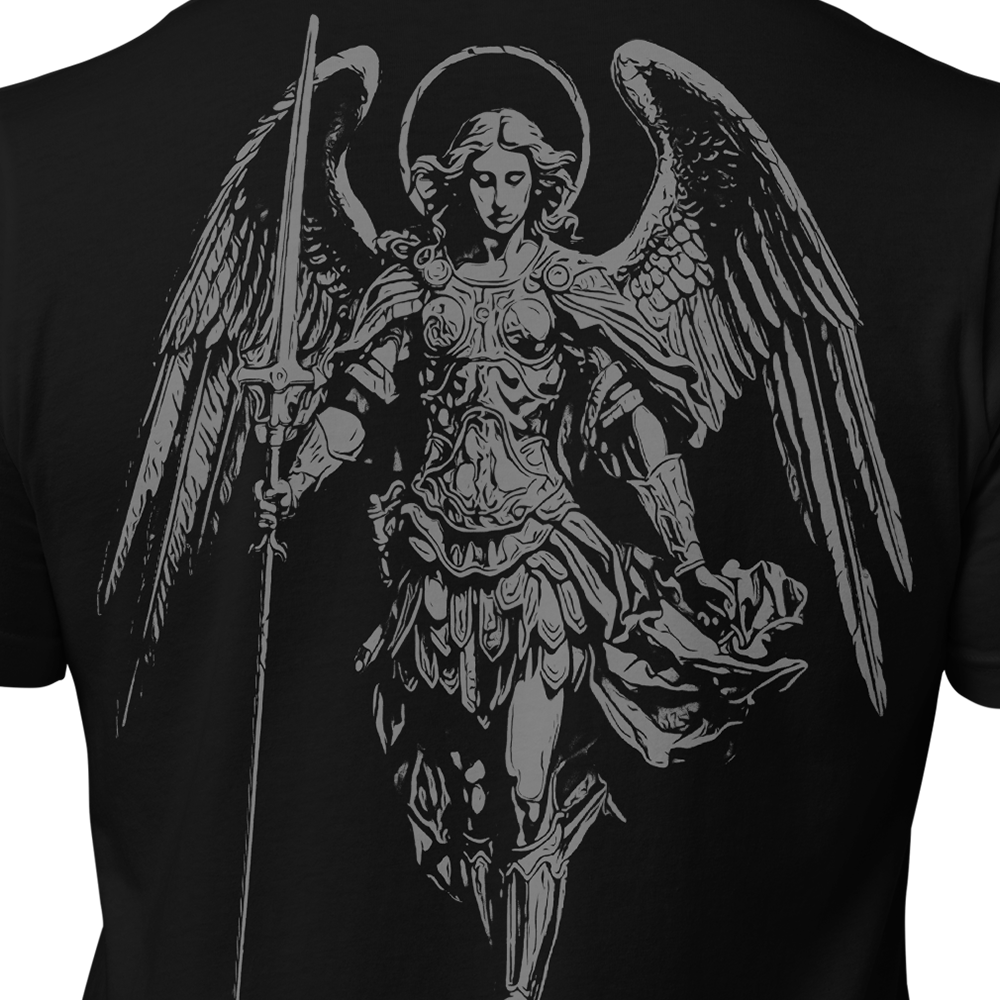 Close up of back view of Black short sleeve unisex fit original cotton T-Shirt by Achilles Tactical Clothing Brand printed with Saint Michael design across back