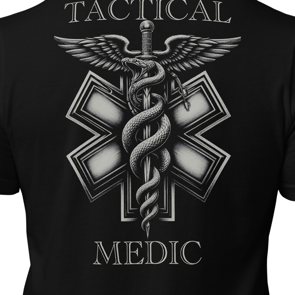 Close up of back view of Black short sleeve unisex fit original cotton T-Shirt by Achilles Tactical Clothing Brand printed with Tactical Medic II design across back