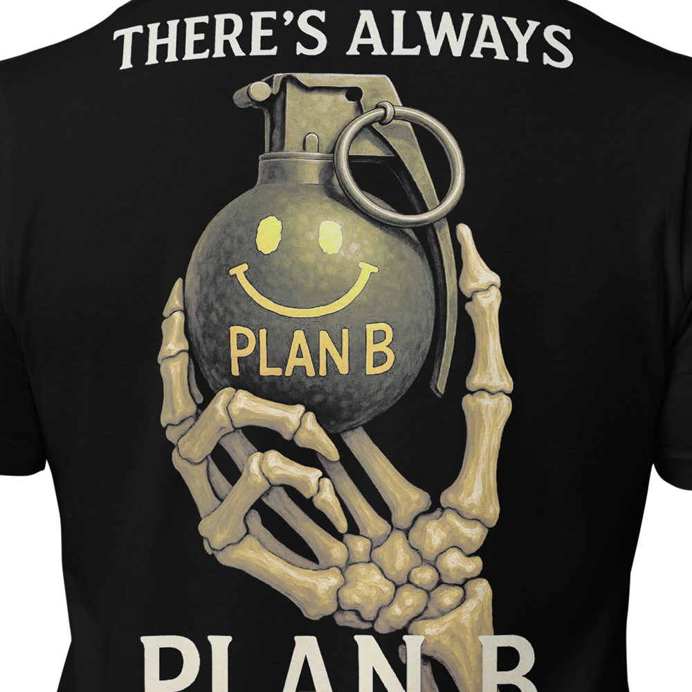 Close up of back centre of Black short sleeve unisex fit original cotton T-Shirt by Achilles Tactical Clothing Brand printed with There's always plan B design across back