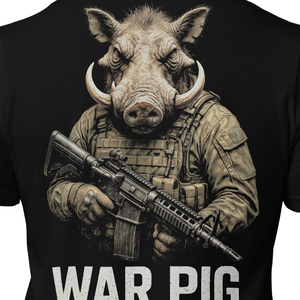 Close up of back centre of Black short sleeve unisex fit original cotton T-Shirt by Achilles Tactical Clothing Brand printed with War Pig design across back