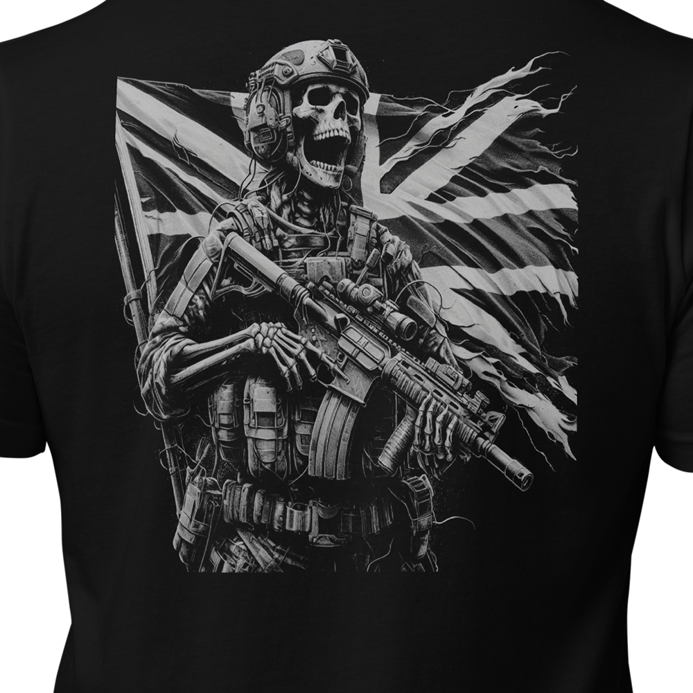 Close up of back view of Black short sleeve unisex fit original cotton T-Shirt by Achilles Tactical Clothing Brand printed with Defending the flag design across back