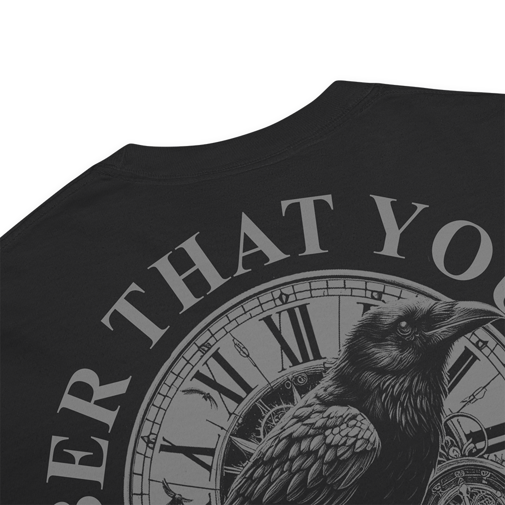 Close up of back collar of Black short sleeve unisex fit classic cotton T-Shirt by Achilles Tactical Clothing Brand printed with Large Memento Mori design across back