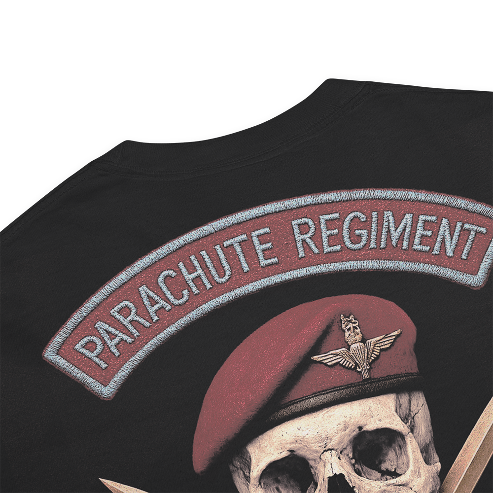 Close up of back collar of Black short sleeve unisex fit classic cotton T-Shirt by Achilles Tactical Clothing Brand printed with Large Parachute Regiment Airborne design across back