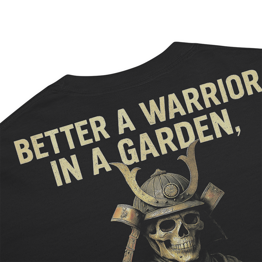 Close up of back collar of Black short sleeve unisex fit classic cotton T-Shirt by Achilles Tactical Clothing Brand printed with Large War pig design across back