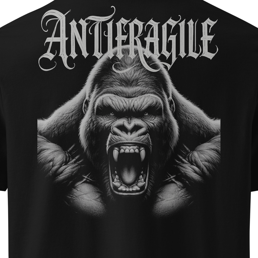 Black t-shirt with a gorilla graphic and 'ANTIFRAGILE' text on a white background