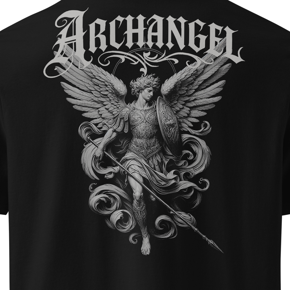 Black t-shirt with a detailed illustration of an archangel holding a sword and shield, with 'Archangel' text above.