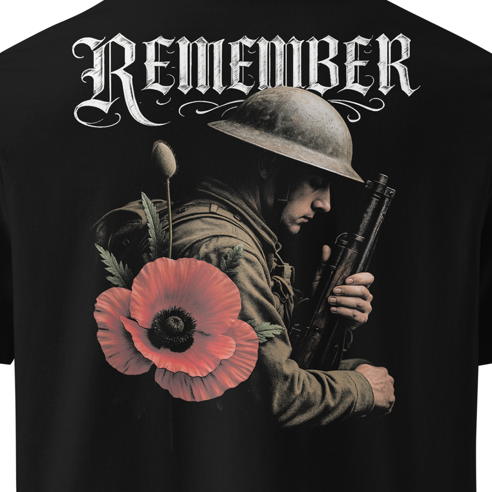 T-shirt with a graphic of a soldier holding a rifle and a poppy flower, with 'REMEMBER' text above.
