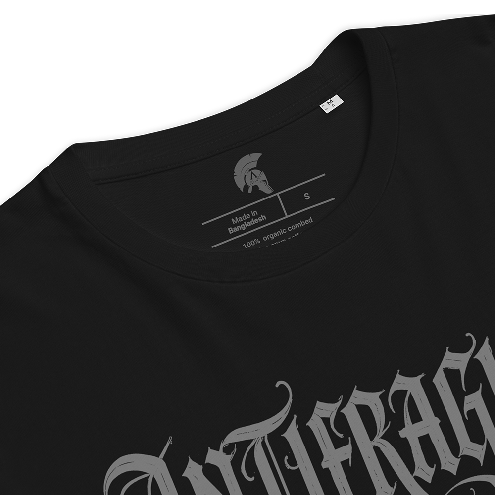 Black t-shirt with white text and branding on a white background