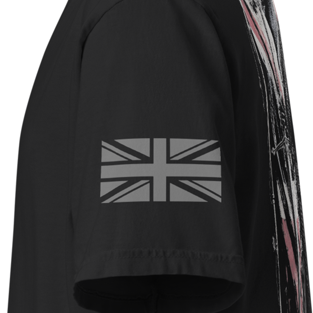 Close up of left sleeve of Black short sleeve unisex fit classic cotton T-Shirt by Achilles Tactical Clothing Brand printed with Large British Knight design across back