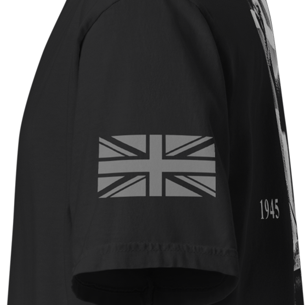 Close up of left sleeve of Black short sleeve unisex fit classic cotton T-Shirt by Achilles Tactical Clothing Brand printed with Large VE DAY 80 design across back