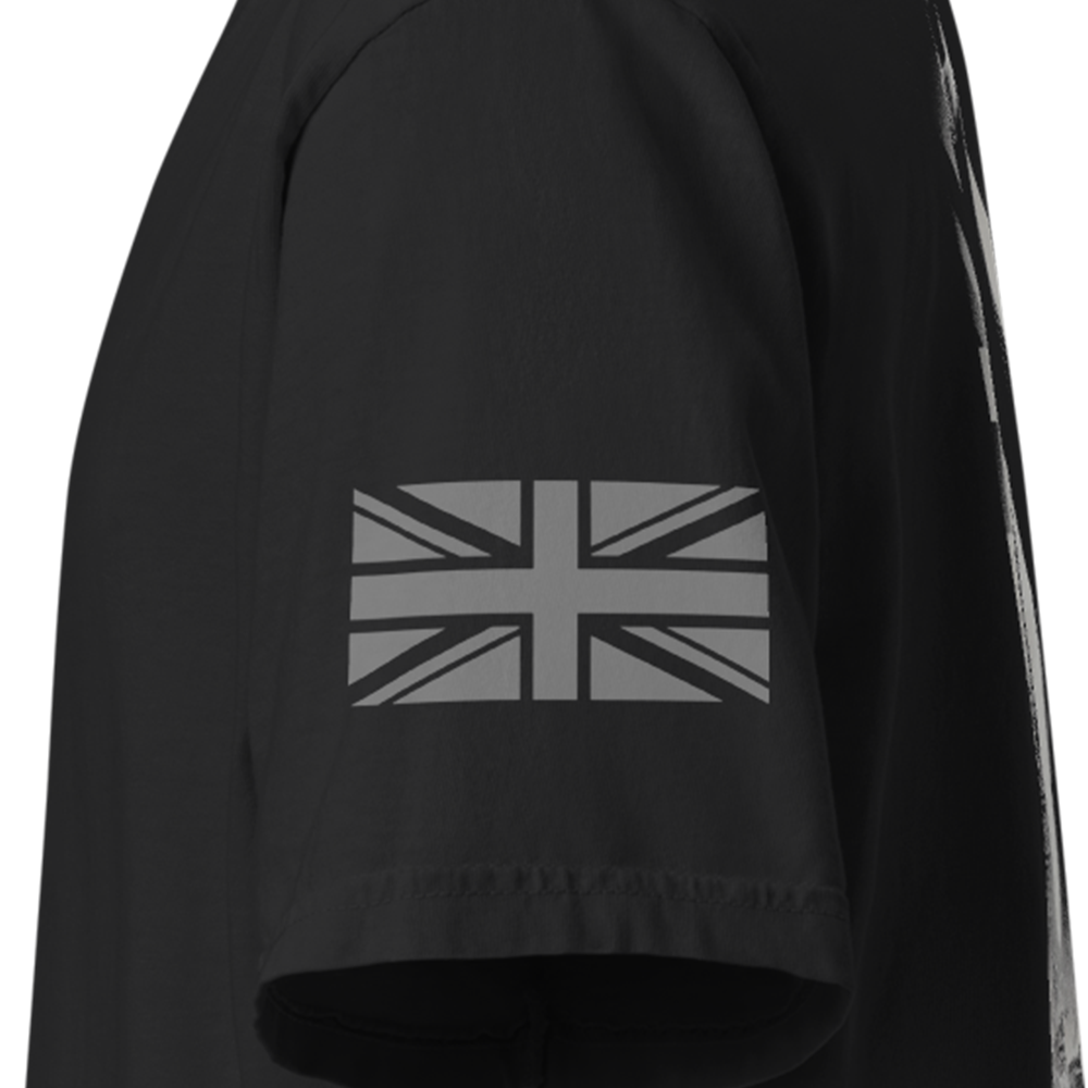 Close up of left sleeve of Black short sleeve unisex fit classic cotton T-Shirt by Achilles Tactical Clothing Brand printed with Large VE DAY design across back