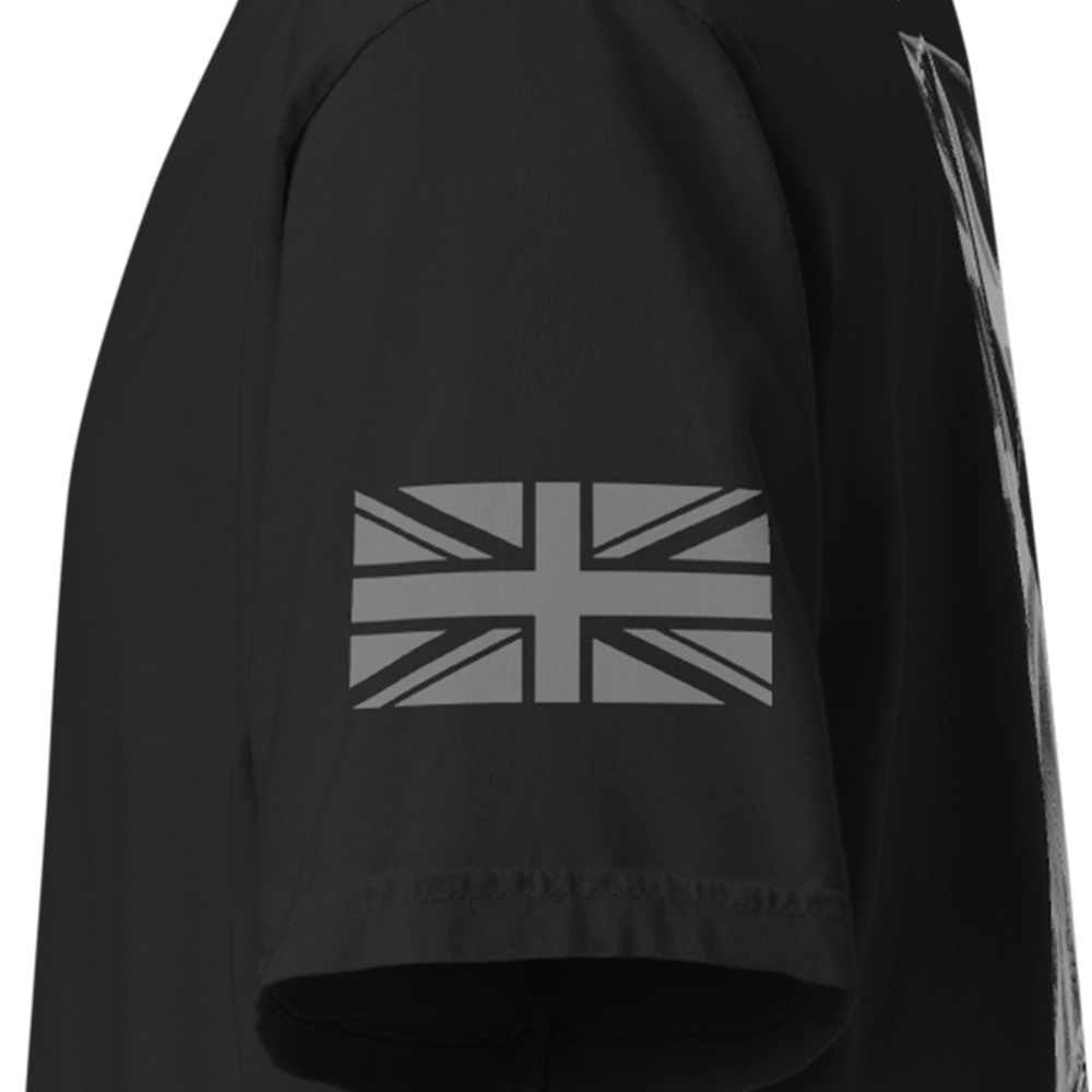 Close up of left sleeve of Black short sleeve unisex fit classic cotton T-Shirt by Achilles Tactical Clothing Brand printed with Large VJ DAY design across back