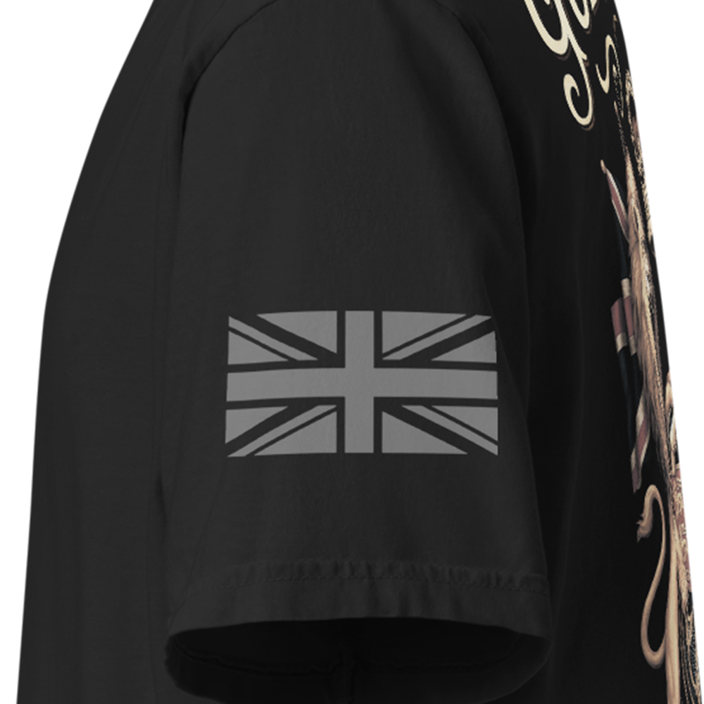 Close up of left sleeve of Black short sleeve unisex fit classic cotton T-Shirt by Achilles Tactical Clothing Brand printed with Large Dieu Et Mon Droit design across back