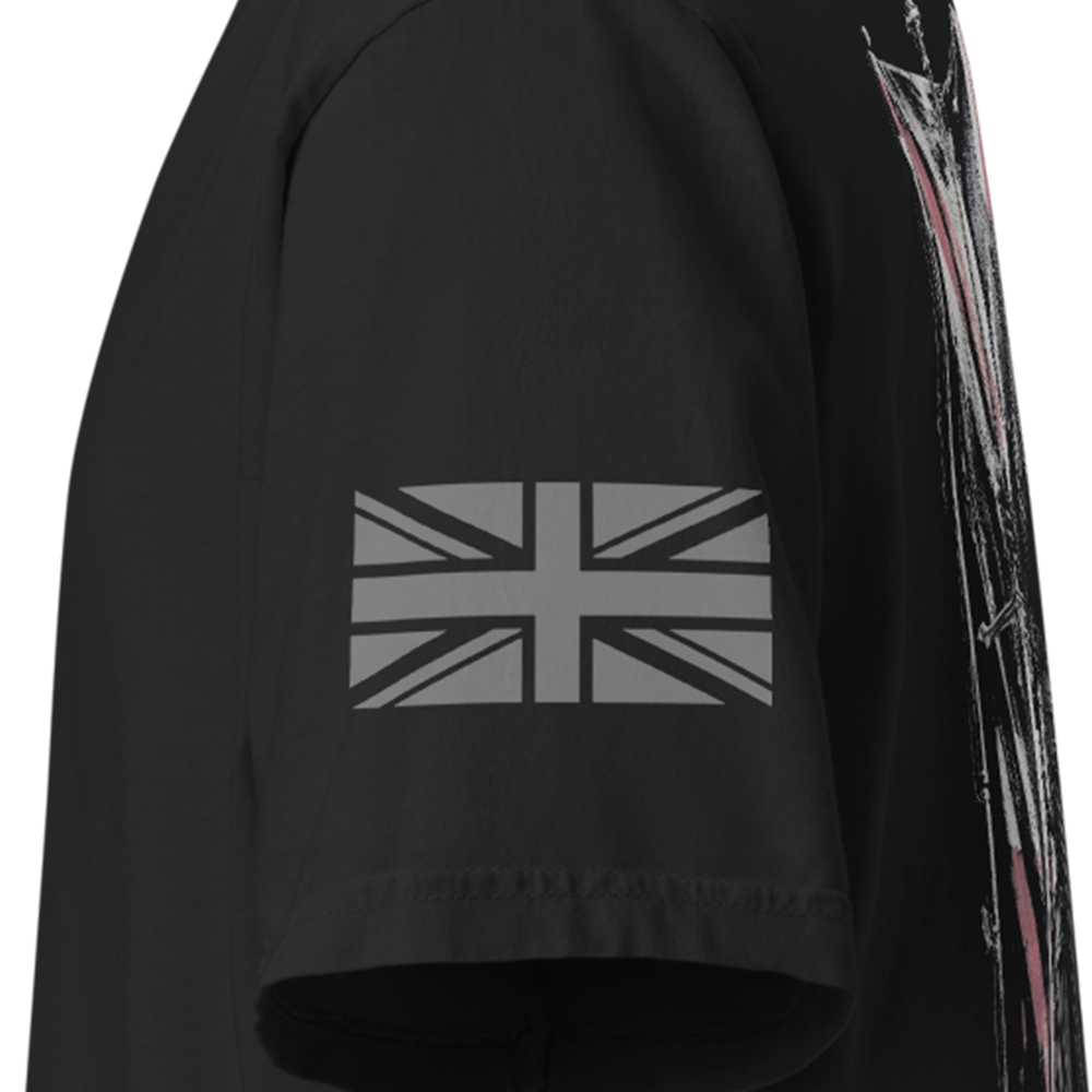 Close up of left sleeve of Black short sleeve unisex fit classic cotton T-Shirt by Achilles Tactical Clothing Brand printed with Large Great Britain design across back
