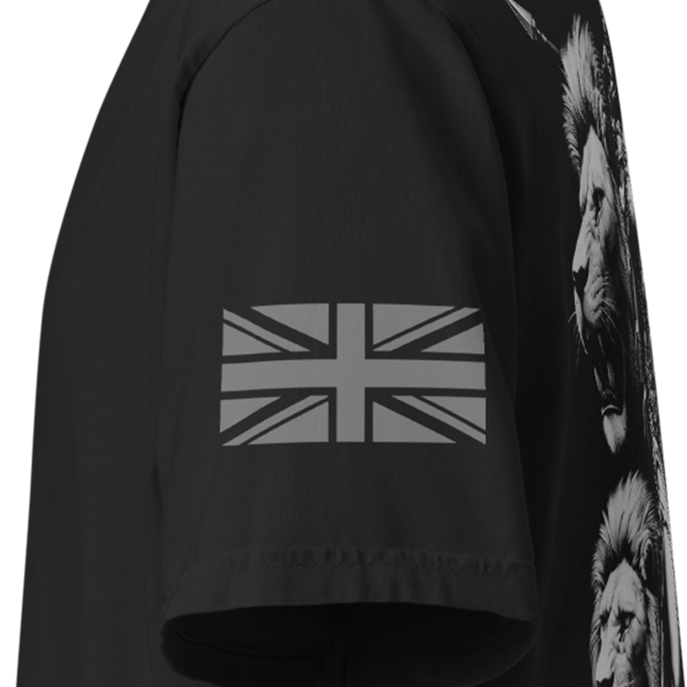 Close up of Left sleeve of Black short sleeve unisex fit classic cotton T-Shirt by Achilles Tactical Clothing Brand printed with Large Our Lady Britannia design across back