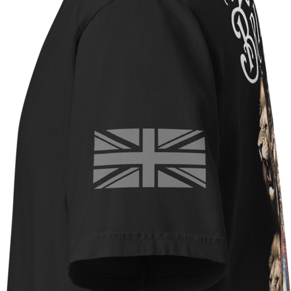 Close up of left sleeve of Black short sleeve unisex fit classic cotton T-Shirt by Achilles Tactical Clothing Brand printed with Large Rule Britannia design across back