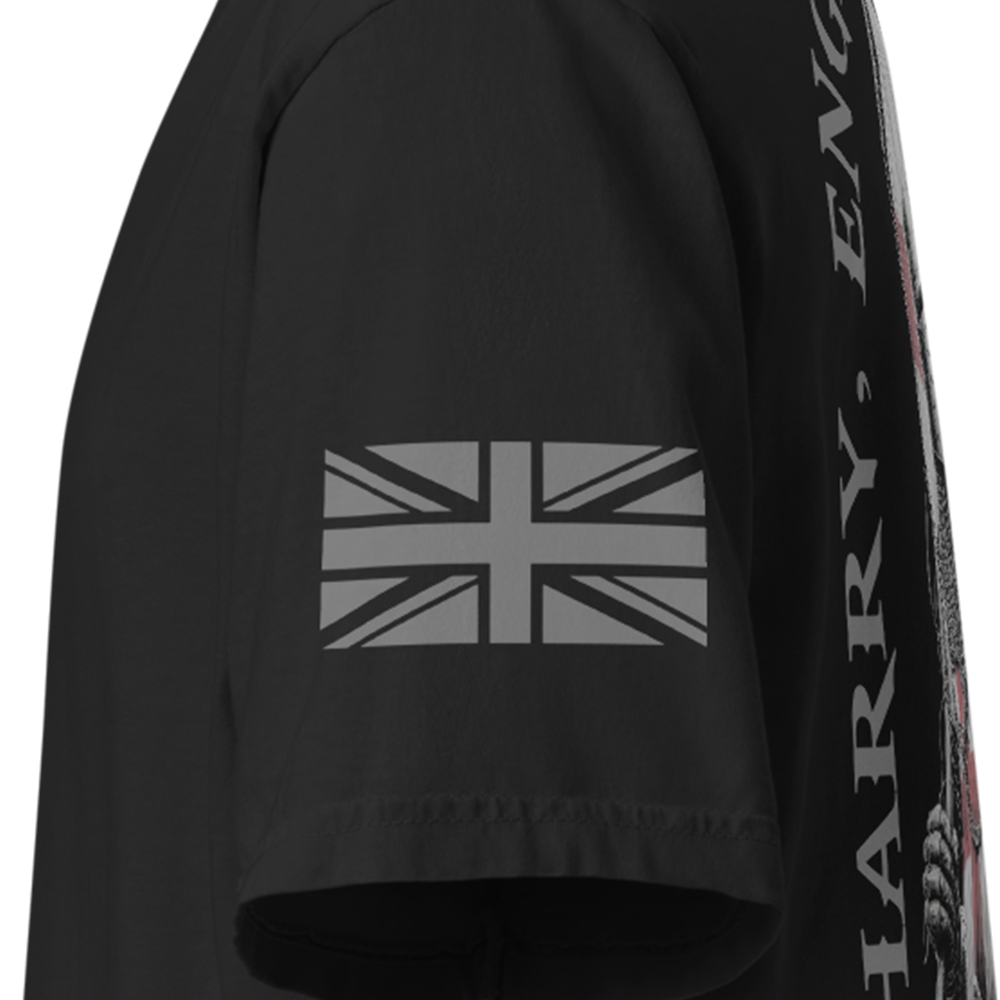 Close up of left sleeve of Black short sleeve unisex fit classic cotton T-Shirt by Achilles Tactical Clothing Brand printed with Large Saint George design across back