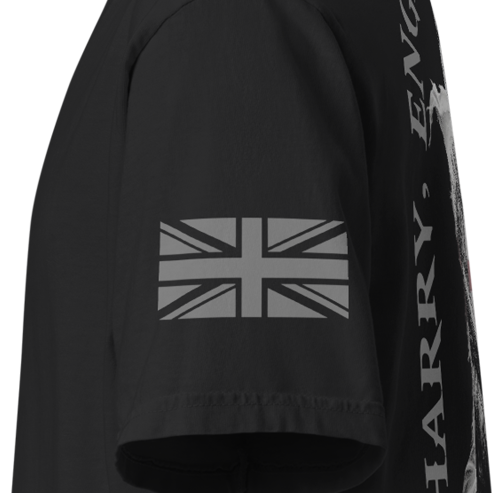 Close up of left sleeve of Black short sleeve unisex fit classic cotton T-Shirt by Achilles Tactical Clothing Brand printed with Large Saint George II design across back