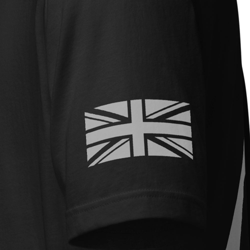 Close up of left sleeve of Black short sleeve unisex fit original cotton T-Shirt by Achilles Tactical Clothing Brand printed with A Brand design across back
