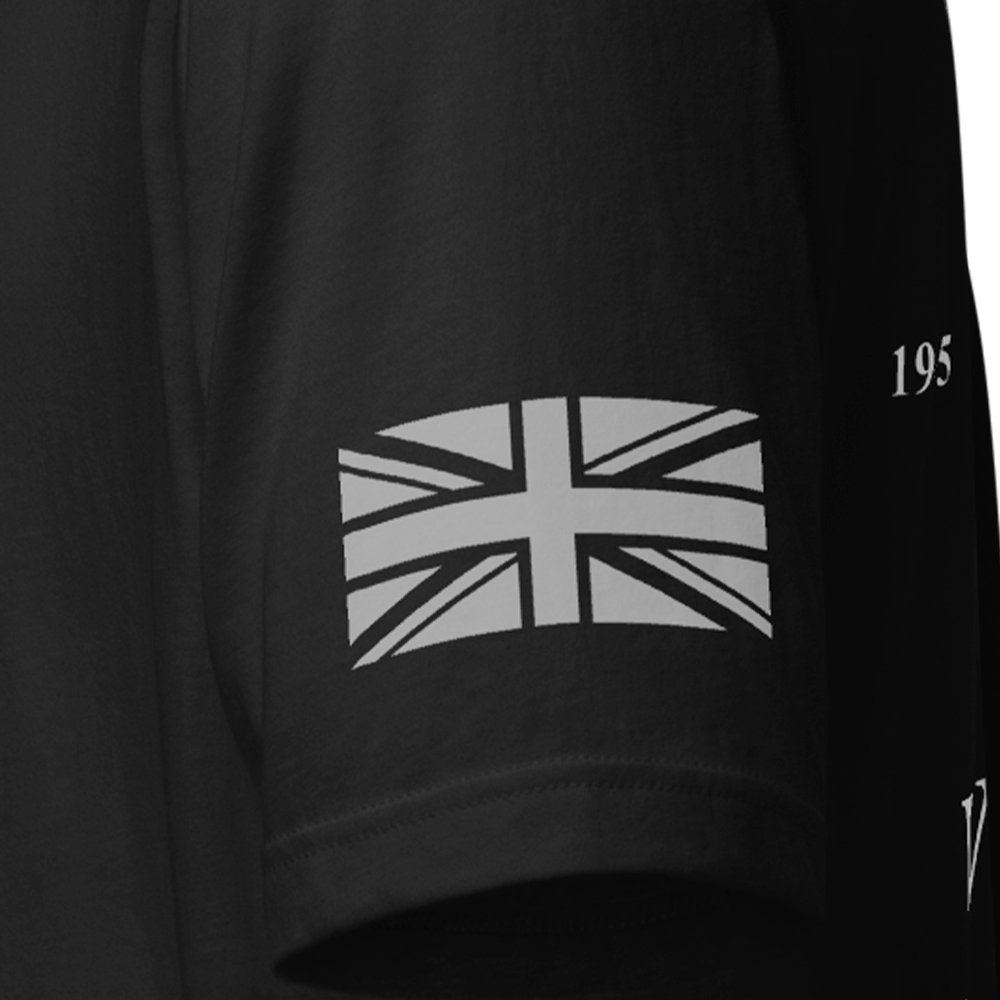 Close up of front left sleeve of Black short sleeve unisex fit original cotton T-Shirt by Achilles Tactical Clothing Brand printed with VE DAY 80 design across back