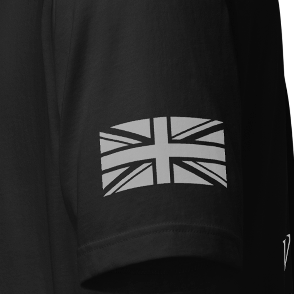 Close up of left sleeve of Black short sleeve unisex fit original cotton T-Shirt by Achilles Tactical Clothing Brand printed with VE DAY design across back