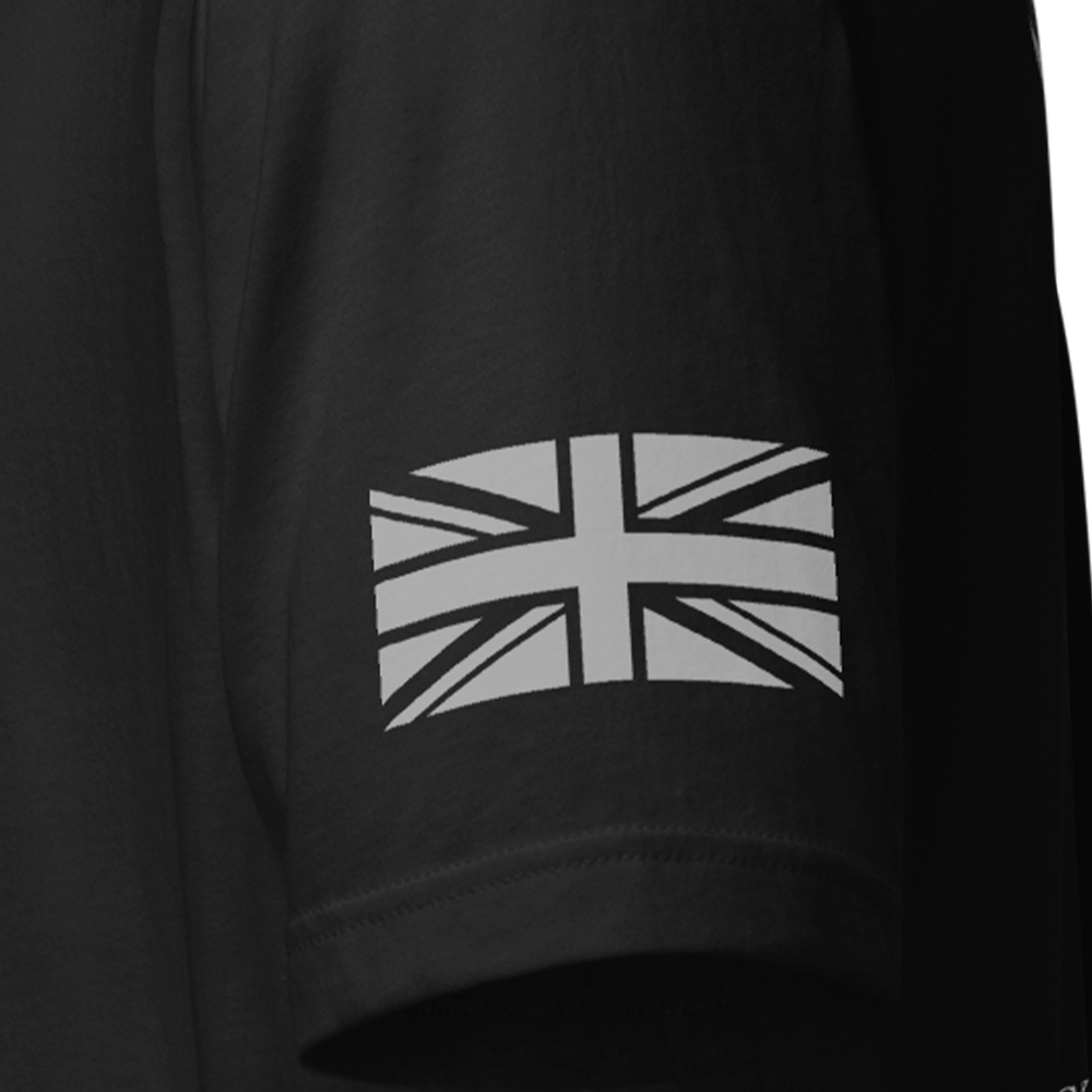 Close up of left sleeve of Black short sleeve unisex fit original cotton T-Shirt by Achilles Tactical Clothing Brand printed with VJ DAY design across back