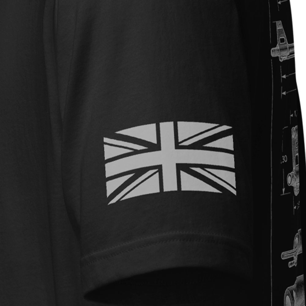 Close up of left sleeve of Black short sleeve unisex fit original cotton T-Shirt by Achilles Tactical Clothing Brand printed with AK-47 design across back