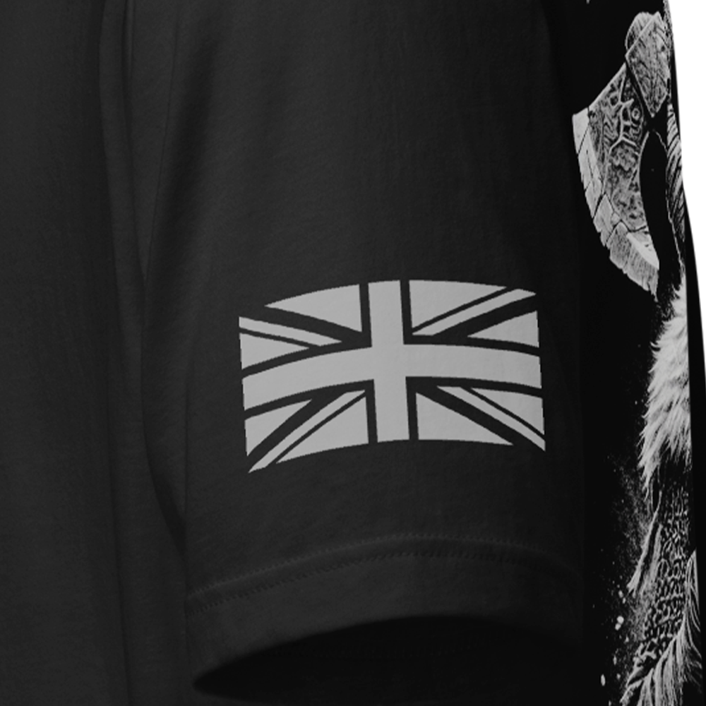 Close up of left sleeve of Black short sleeve unisex fit original cotton T-Shirt by Achilles Tactical Clothing Brand printed with Berserker design across back