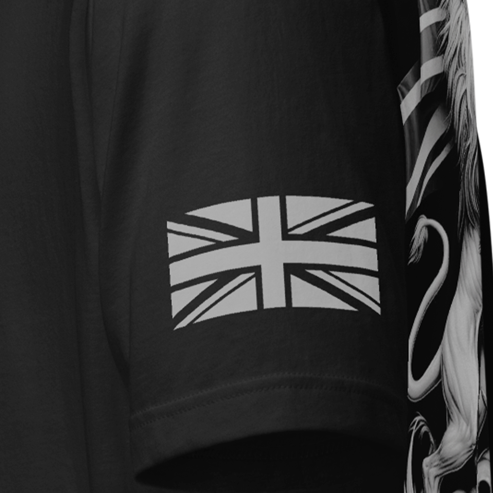 Close up of left sleeve of Black short sleeve unisex fit original cotton T-Shirt by Achilles Tactical Clothing Brand printed with Coat of Arms design across back