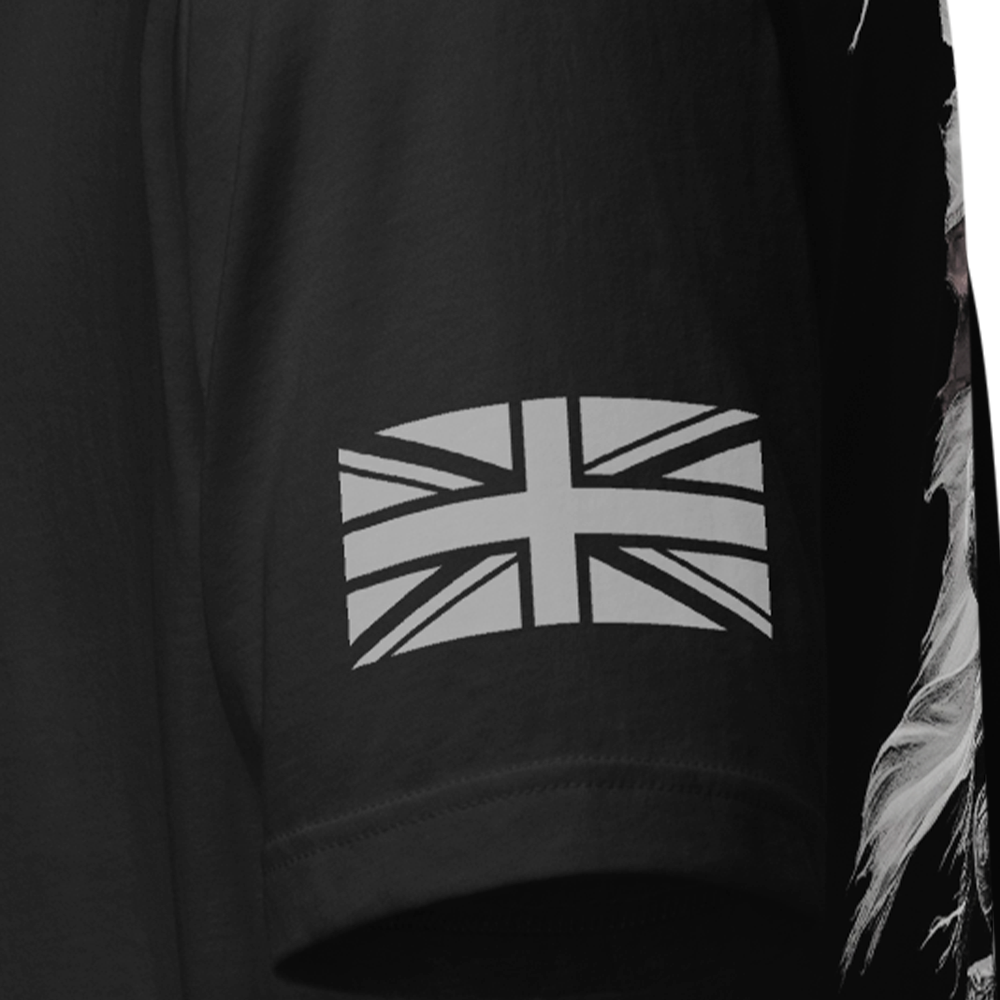 Close up of left sleeve of Black short sleeve unisex fit original cotton T-Shirt by Achilles Tactical Clothing Brand printed with English Knight II design across back