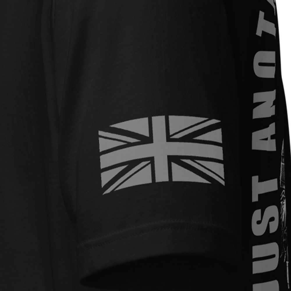 Close up of left sleeve of Black short sleeve unisex fit original cotton T-Shirt by Achilles Tactical Clothing Brand printed with Just Another Day at The Office carrot Cruncher design across back
