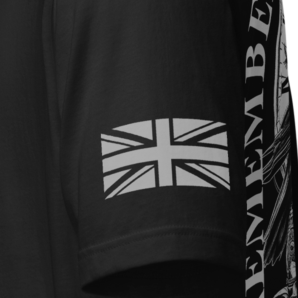 Close up of left sleeve of Black short sleeve unisex fit original cotton T-Shirt by Achilles Tactical Clothing Brand printed with Memento Mori design across back