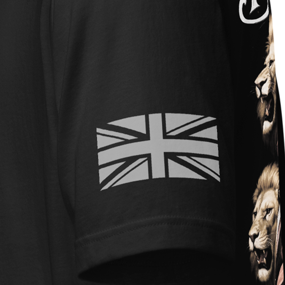 Close up of left sleeve of Black short sleeve unisex fit original cotton T-Shirt by Achilles Tactical Clothing Brand printed with Rule Britannia design across back