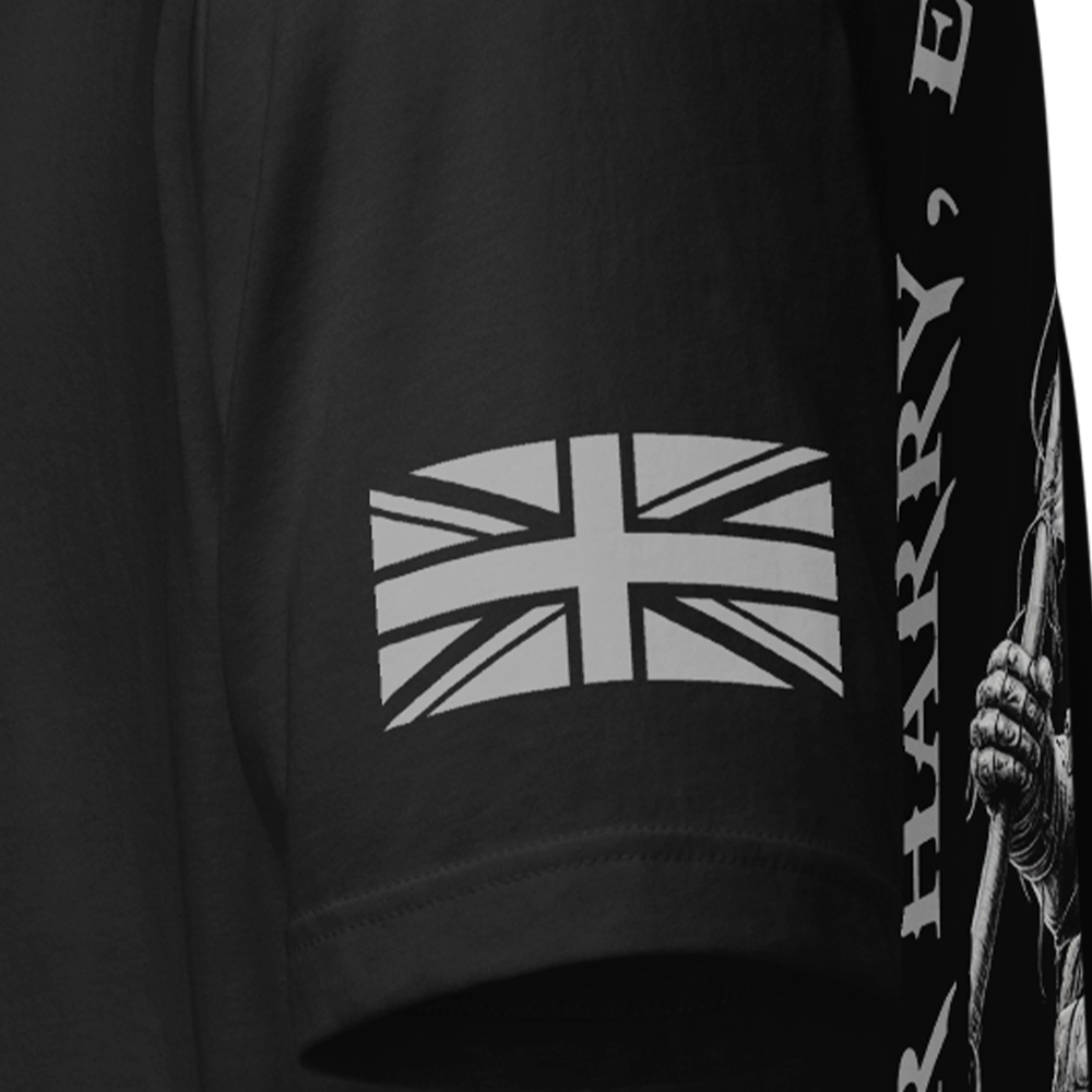 Close up of left sleeve of Black short sleeve unisex fit original cotton T-Shirt by Achilles Tactical Clothing Brand printed with Saint George design across back
