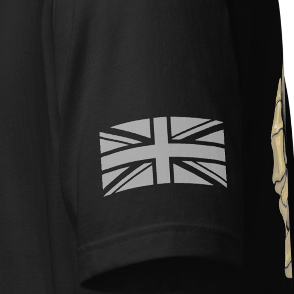 Close up of left sleeve of Black short sleeve unisex fit original cotton T-Shirt by Achilles Tactical Clothing Brand printed with There's always plan B design across back