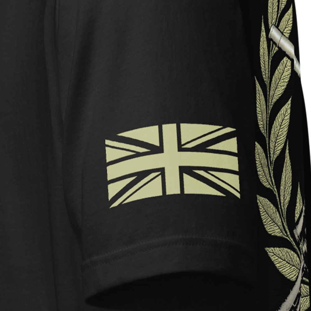Close up of left sleeve of Black short sleeve unisex fit original cotton T-Shirt by Achilles Tactical Clothing Brand printed with TRO design across back