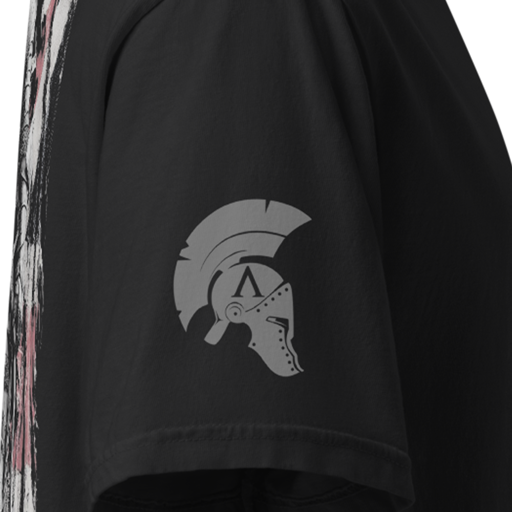 Close up of right sleeve of Black short sleeve unisex fit classic cotton T-Shirt by Achilles Tactical Clothing Brand printed with Large British Knight design across back