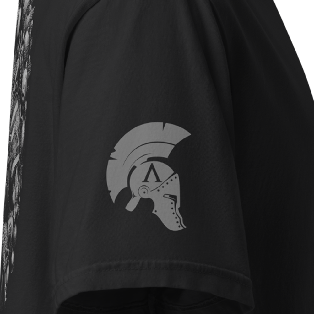 Close up of right sleeve of Black short sleeve unisex fit classic cotton T-Shirt by Achilles Tactical Clothing Brand printed with Large Tactical Santa design across back