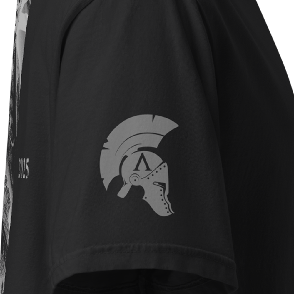 Close up of right sleeve of Black short sleeve unisex fit classic cotton T-Shirt by Achilles Tactical Clothing Brand printed with Large VE DAY 80 design across back